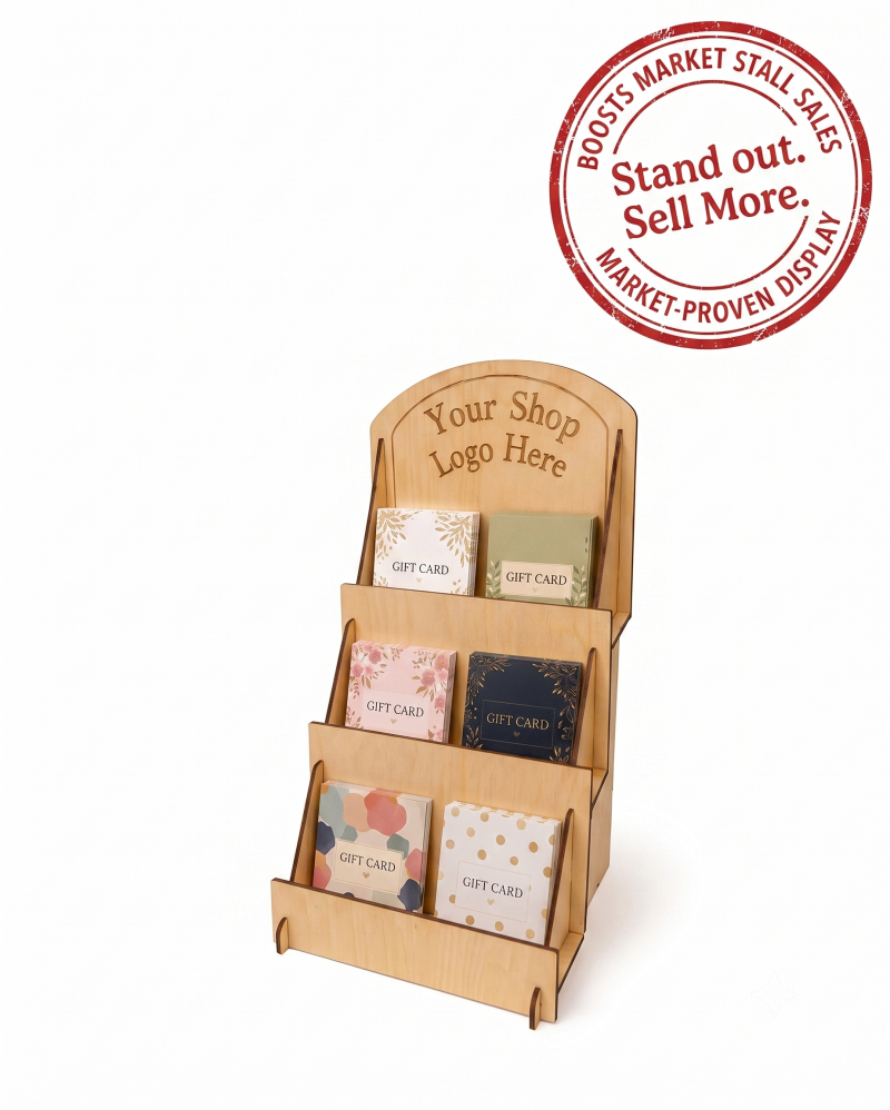 Basswood Greeting Card Display Stand, 3 Tier Basswood Rack, Craft Fair Counter Organizer Optional Shop Logo For Market Stalls