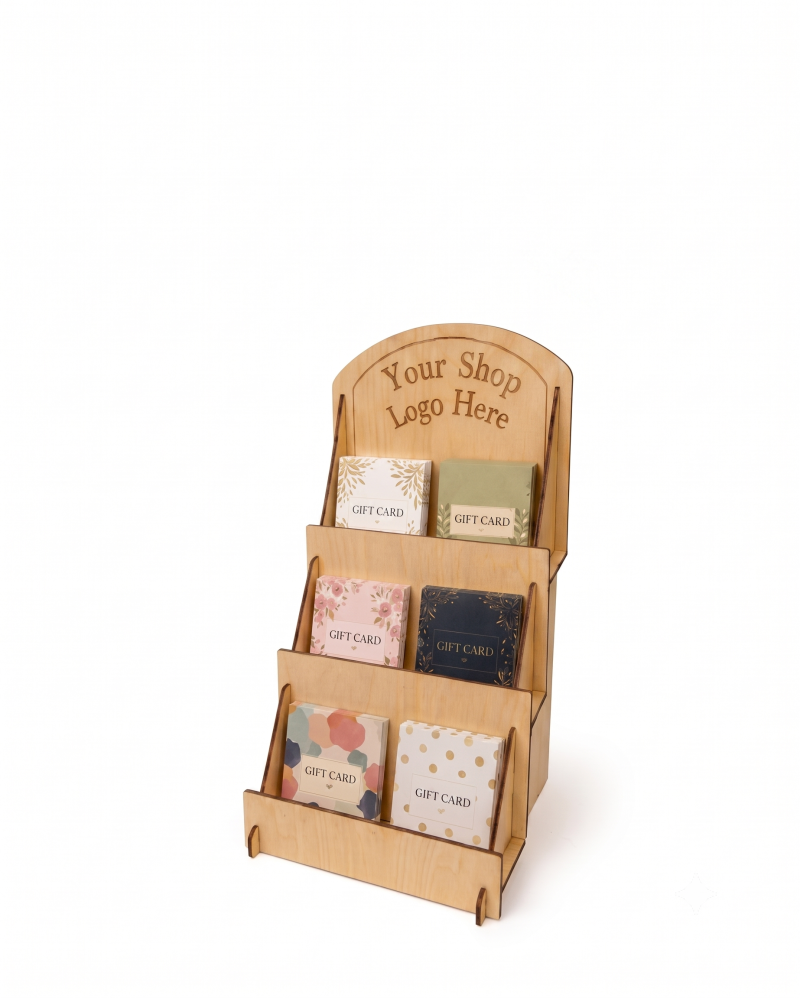 Basswood Greeting Card Display Stand, 3 Tier Basswood Rack, Craft Fair Counter Organizer Optional Shop Logo For Market Stalls