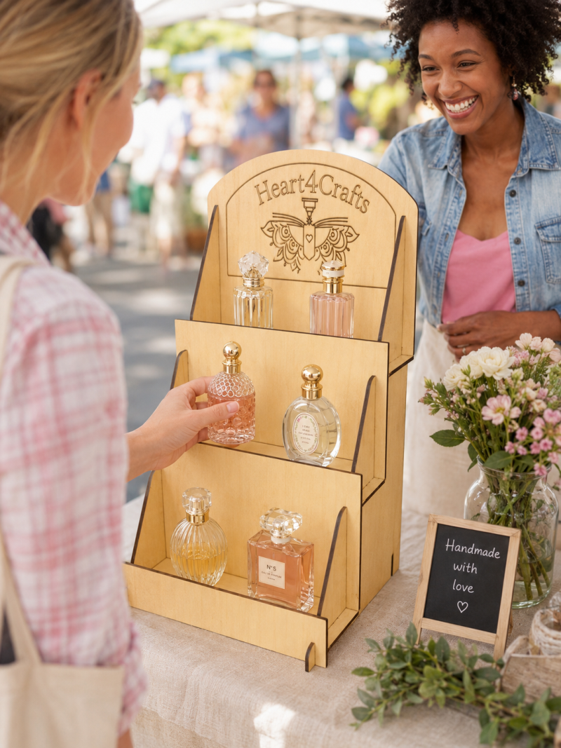 Basswood Greeting Card Display Stand, 3 Tier Basswood Rack, Craft Fair Counter Organizer Optional Shop Logo For Market Stalls