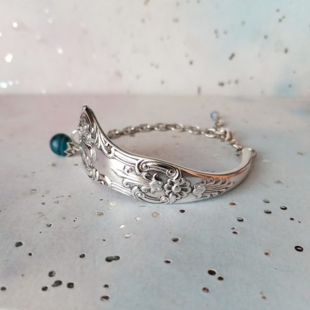 Handmade Silver Plated Spoon Handle Cuff Bracelet, Blue Gemstone