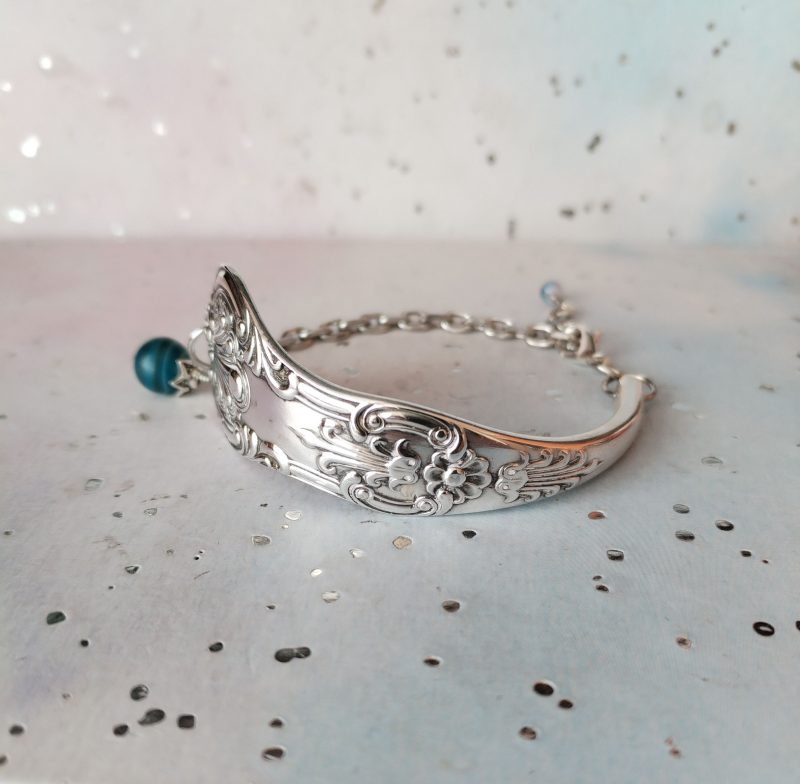 Handmade Silver Plated Spoon Handle Cuff Bracelet, Blue Gemstone