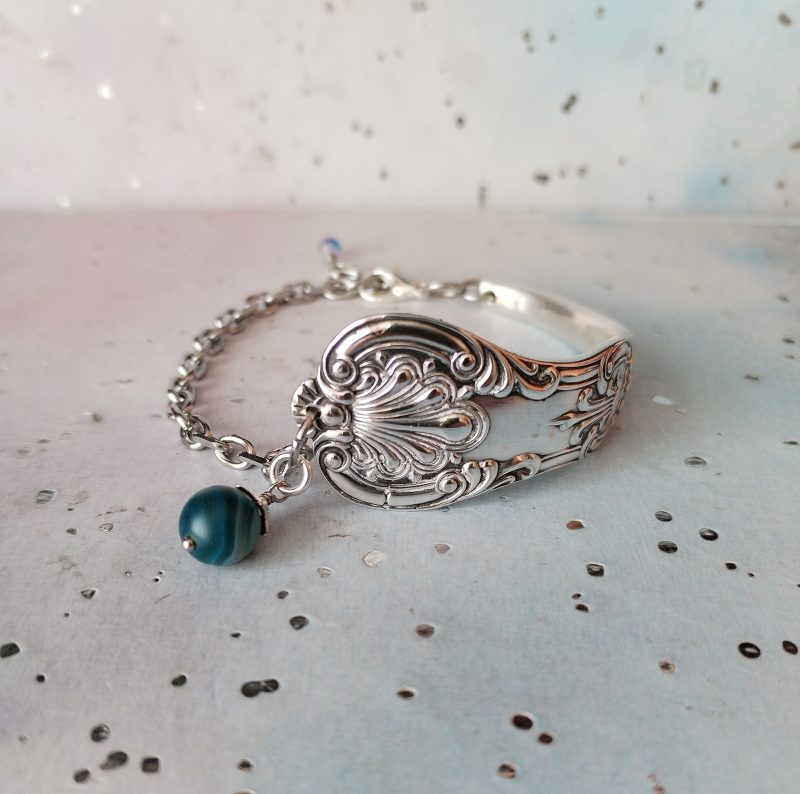 Handmade Silver Plated Spoon Handle Cuff Bracelet, Blue Gemstone