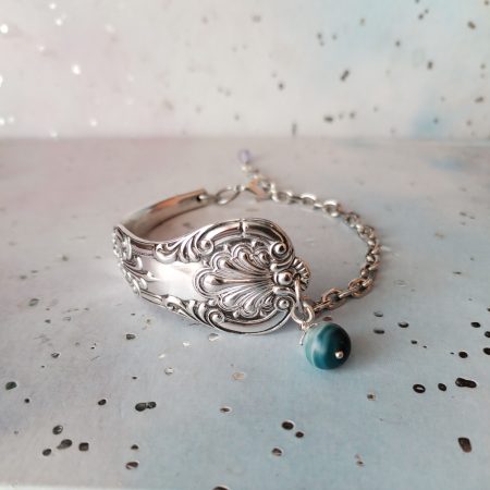 Handmade Silver Plated Spoon Handle Cuff Bracelet, Blue Gemstone
