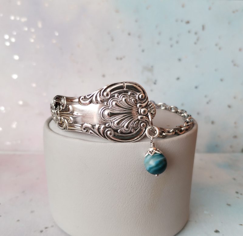 Handmade Silver Plated Spoon Handle Cuff Bracelet, Blue Gemstone