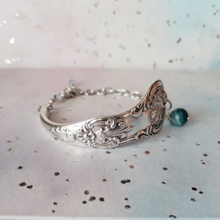 Handmade Silver Plated Spoon Handle Cuff Bracelet, Blue Gemstone