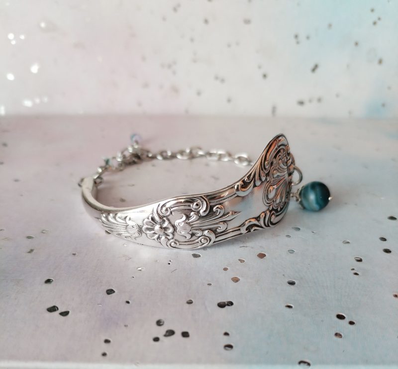 Handmade Silver Plated Spoon Handle Cuff Bracelet, Blue Gemstone