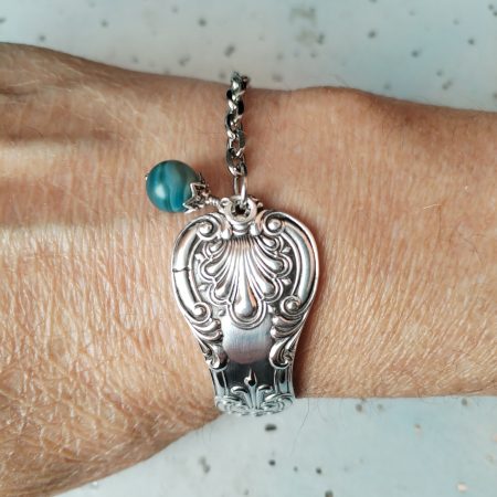 Handmade Silver Plated Spoon Handle Cuff Bracelet, Blue Gemstone