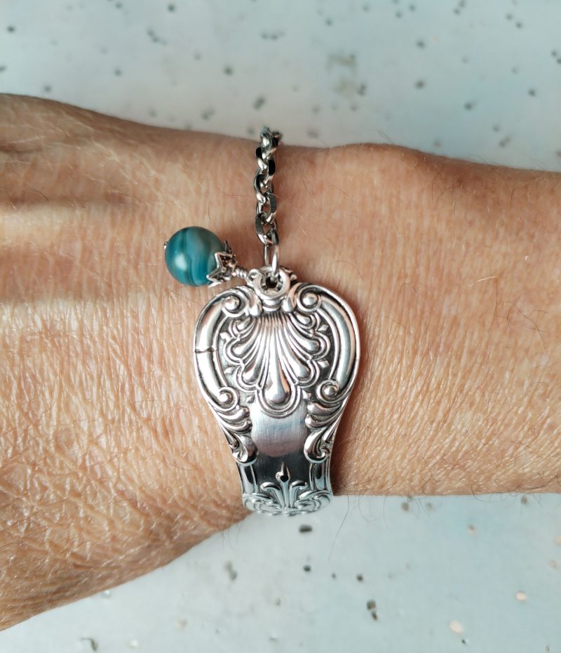 Handmade Silver Plated Spoon Handle Cuff Bracelet, Blue Gemstone