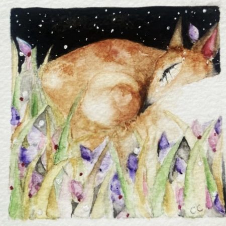Mounted ACEO Hand Painted Original Resting Fox in Meadow Watercolour