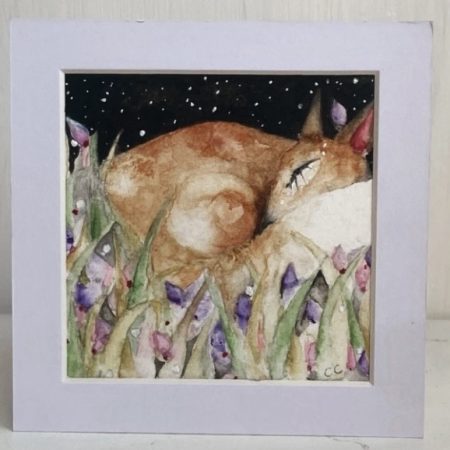 Mounted ACEO Hand Painted Original Resting Fox in Meadow Watercolour