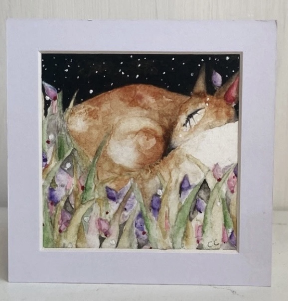 Mounted ACEO Hand Painted Original Resting Fox in Meadow Watercolour