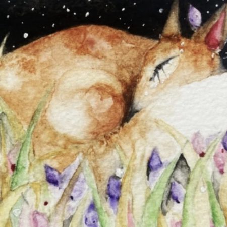 Mounted ACEO Hand Painted Original Resting Fox in Meadow Watercolour