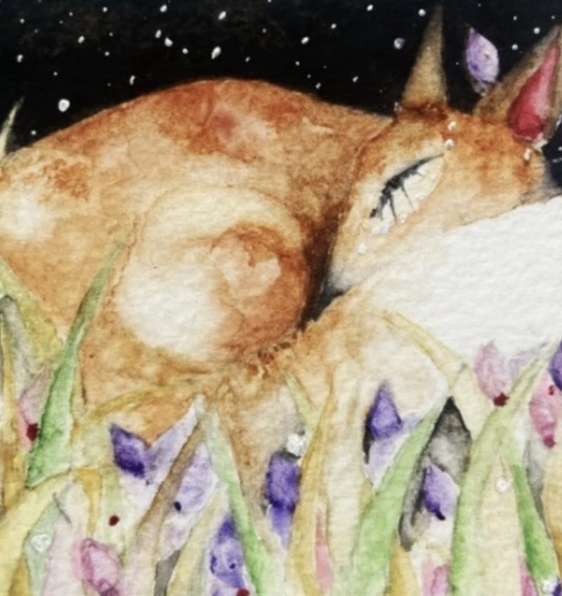 Mounted ACEO Hand Painted Original Resting Fox in Meadow Watercolour