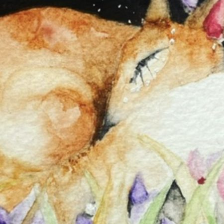 Mounted ACEO Hand Painted Original Resting Fox in Meadow Watercolour