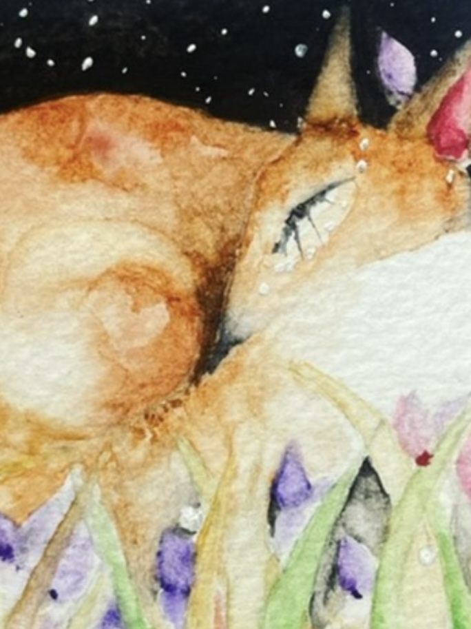 Mounted ACEO Hand Painted Original Resting Fox in Meadow Watercolour