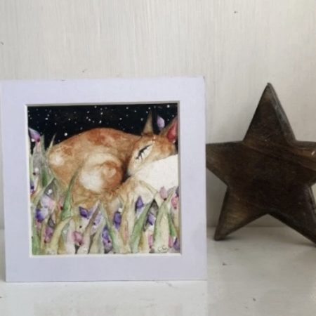 Mounted ACEO Hand Painted Original Resting Fox in Meadow Watercolour