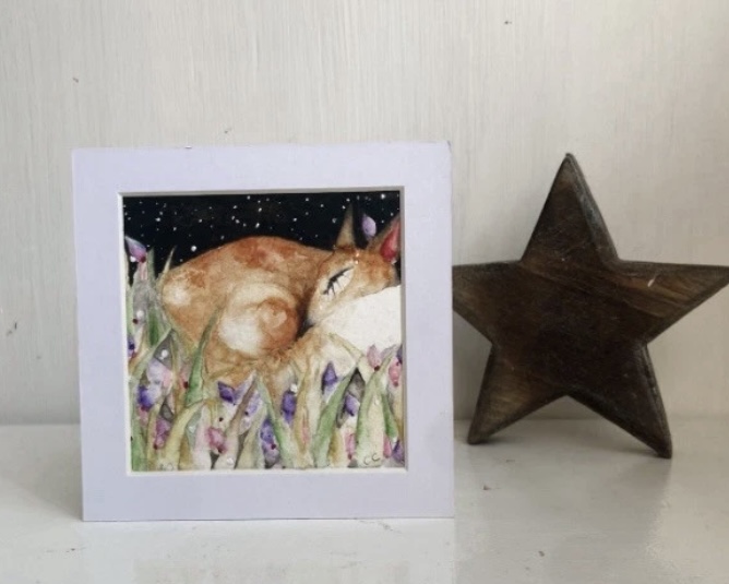Mounted ACEO Hand Painted Original Resting Fox in Meadow Watercolour