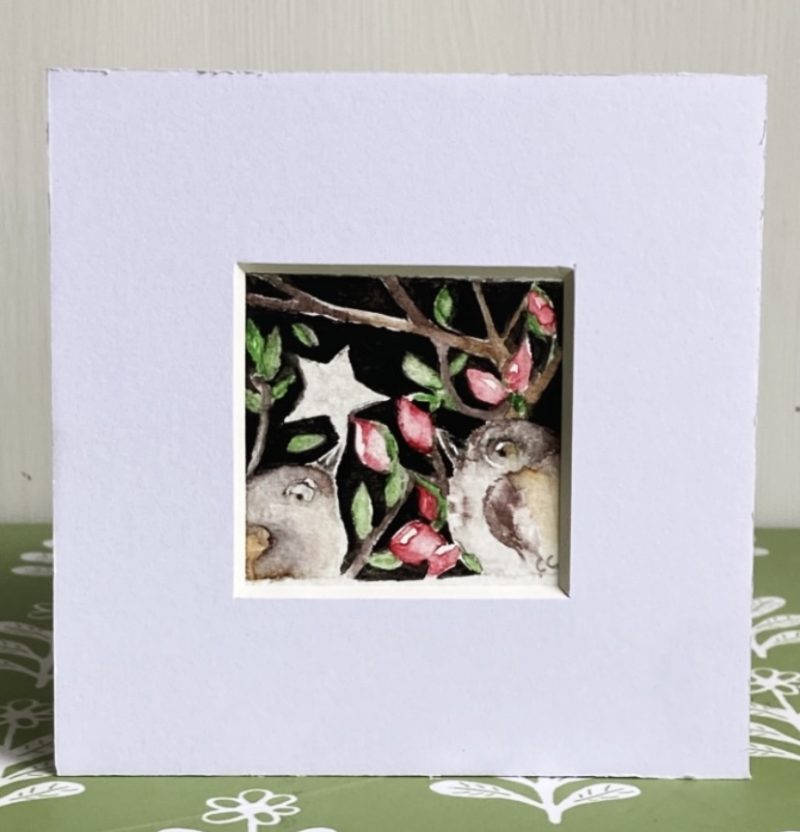 ACEO Mounted Original Whimsical Birds and Star Watercolour