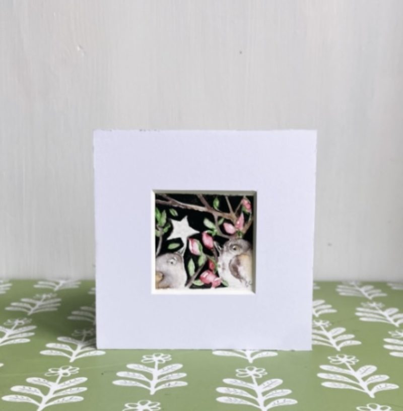ACEO Mounted Original Whimsical Birds and Star Watercolour