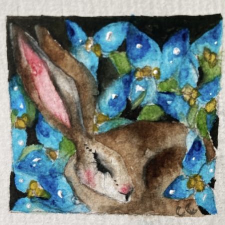 ACEO Mounted Original Resting Hare / Rabbit surrounded by Blue Flowers Watercolour