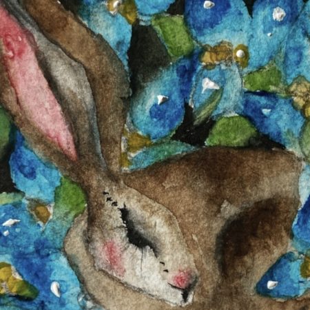 ACEO Mounted Original Resting Hare / Rabbit surrounded by Blue Flowers Watercolour
