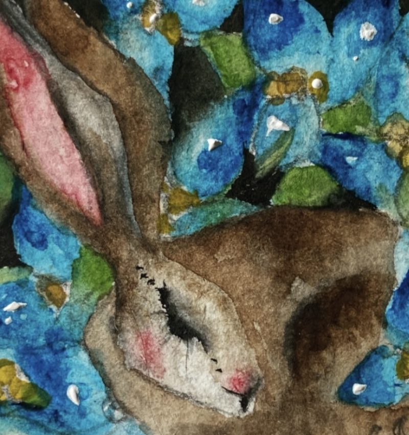 ACEO Mounted Original Resting Hare / Rabbit surrounded by Blue Flowers Watercolour