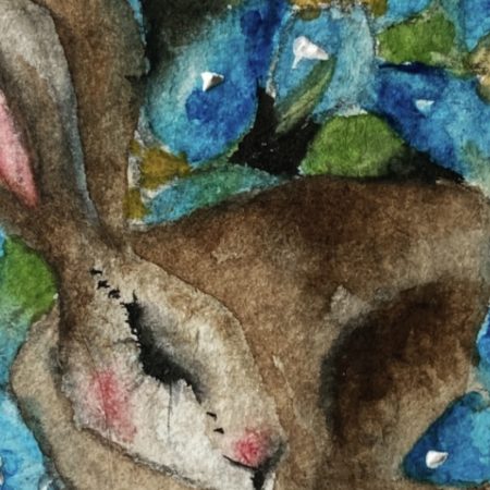 ACEO Mounted Original Resting Hare / Rabbit surrounded by Blue Flowers Watercolour