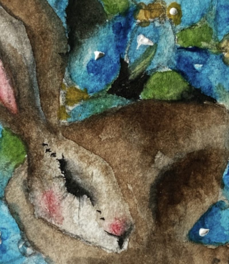 ACEO Mounted Original Resting Hare / Rabbit surrounded by Blue Flowers Watercolour