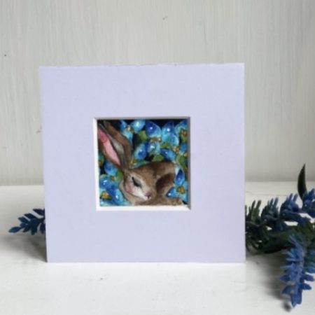 ACEO Mounted Original Resting Hare / Rabbit surrounded by Blue Flowers Watercolour
