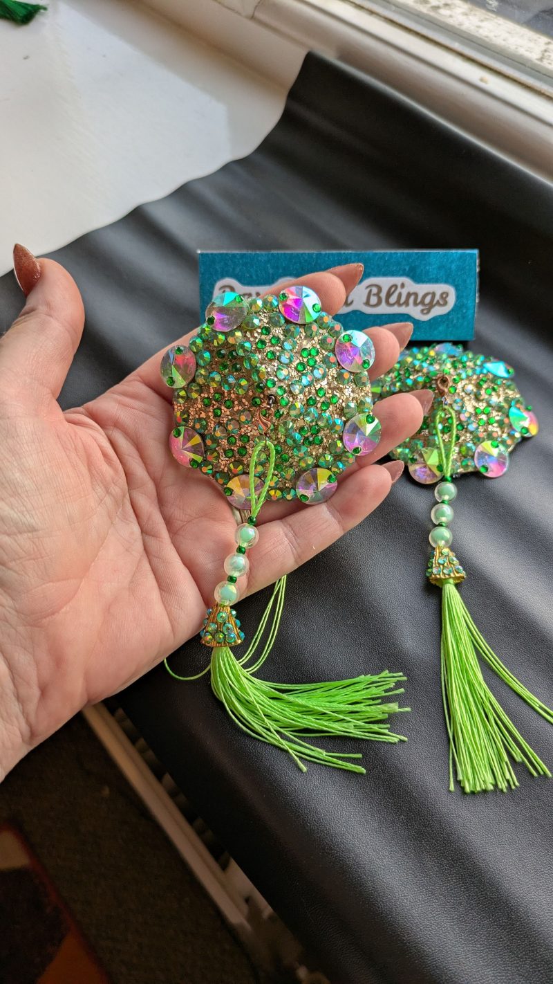 Burlesque nipple tassels handmade pastries Green sparkle