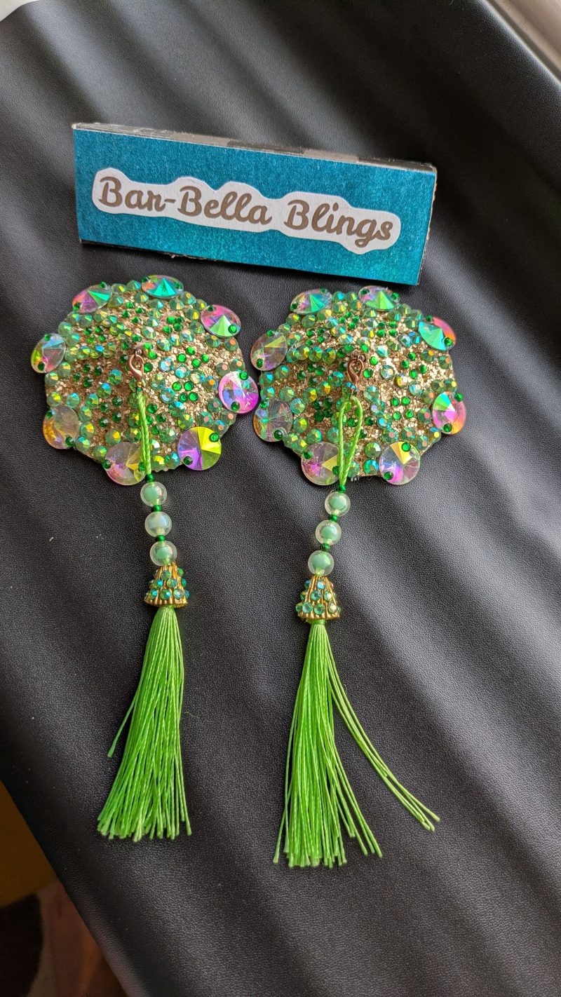 Burlesque nipple tassels handmade pastries Green sparkle