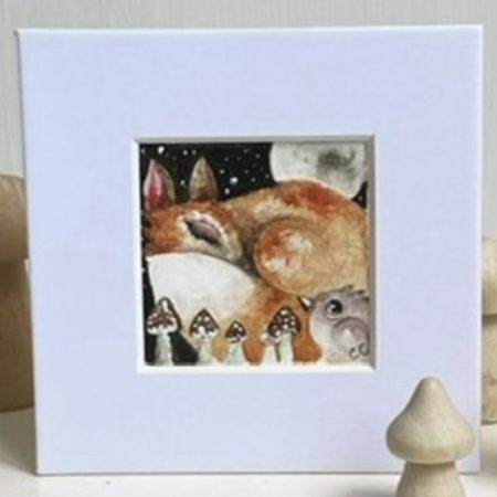 Mounted ACEO Original Resting Fox and Bird with Mushrooms under a Full Moon Watercolour