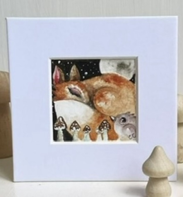Mounted ACEO Original Resting Fox and Bird with Mushrooms under a Full Moon Watercolour