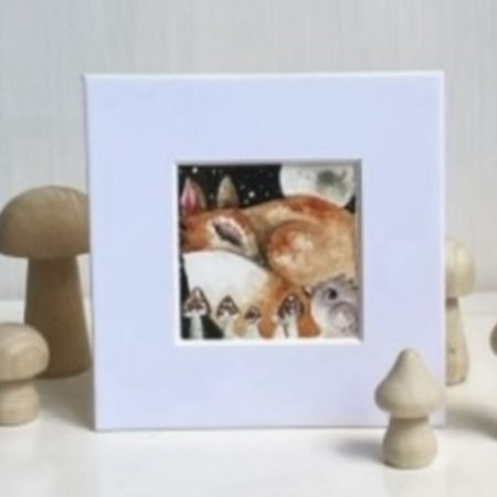 Mounted ACEO Original Resting Fox and Bird with Mushrooms under a Full Moon Watercolour