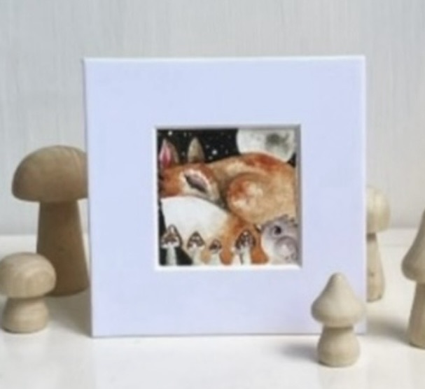 Mounted ACEO Original Resting Fox and Bird with Mushrooms under a Full Moon Watercolour