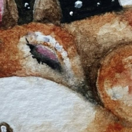Mounted ACEO Original Resting Fox and Bird with Mushrooms under a Full Moon Watercolour