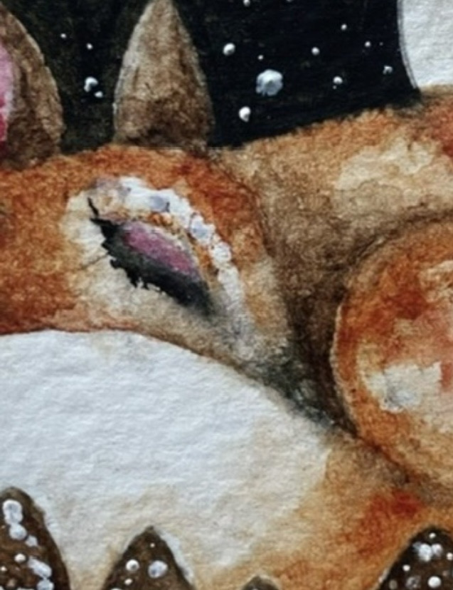 Mounted ACEO Original Resting Fox and Bird with Mushrooms under a Full Moon Watercolour