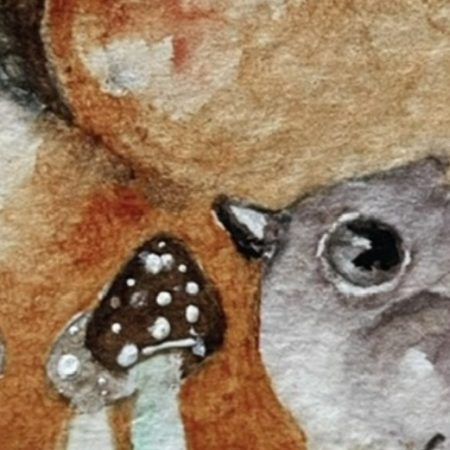 Mounted ACEO Original Resting Fox and Bird with Mushrooms under a Full Moon Watercolour