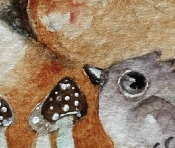 Mounted ACEO Original Resting Fox and Bird with Mushrooms under a Full Moon Watercolour