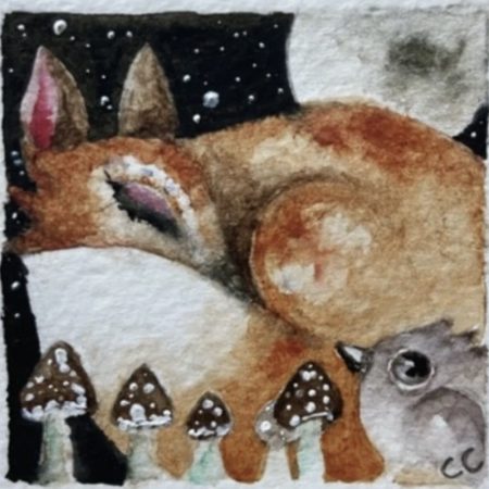 Mounted ACEO Original Resting Fox and Bird with Mushrooms under a Full Moon Watercolour