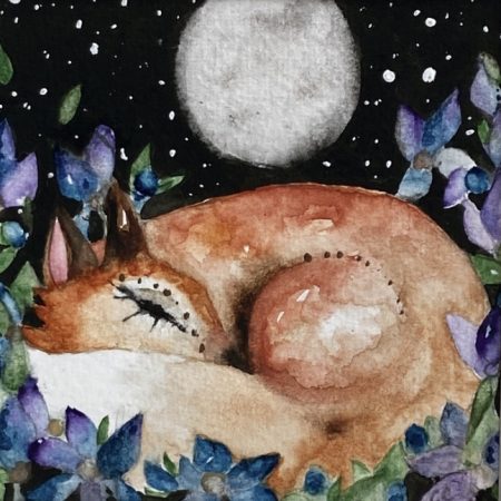 Mounted Original Resting Fox amongst Blue Flowers in Moonlight Watercolour