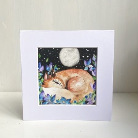 Mounted Original Resting Fox amongst Blue Flowers in Moonlight Watercolour