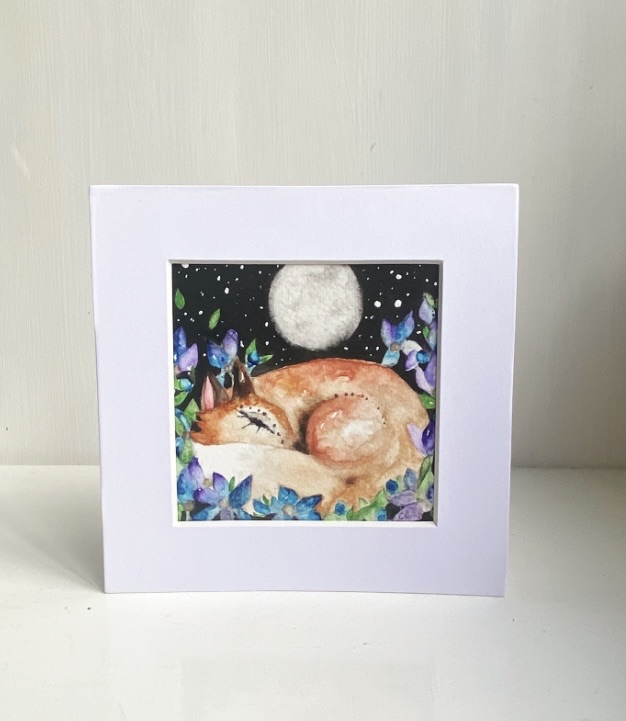 Mounted Original Resting Fox amongst Blue Flowers in Moonlight Watercolour