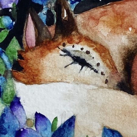 Mounted Original Resting Fox amongst Blue Flowers in Moonlight Watercolour
