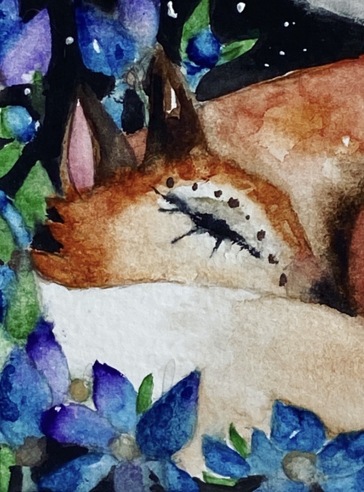Mounted Original Resting Fox amongst Blue Flowers in Moonlight Watercolour