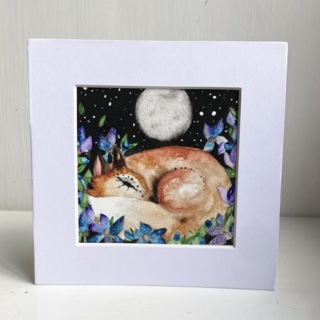 Mounted Original Resting Fox amongst Blue Flowers in Moonlight Watercolour