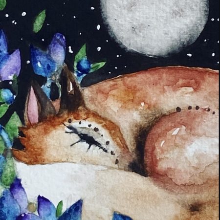 Mounted Original Resting Fox amongst Blue Flowers in Moonlight Watercolour