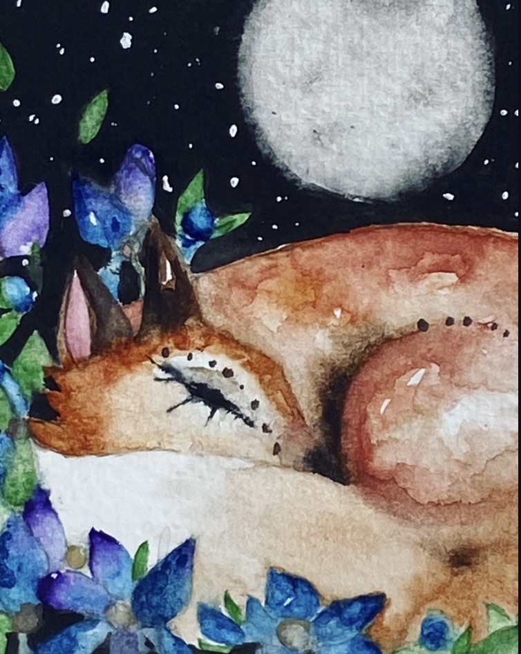 Mounted Original Resting Fox amongst Blue Flowers in Moonlight Watercolour