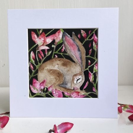Mounted Original Resting Hare/Rabbit amongst Pink Flowers Watercolour