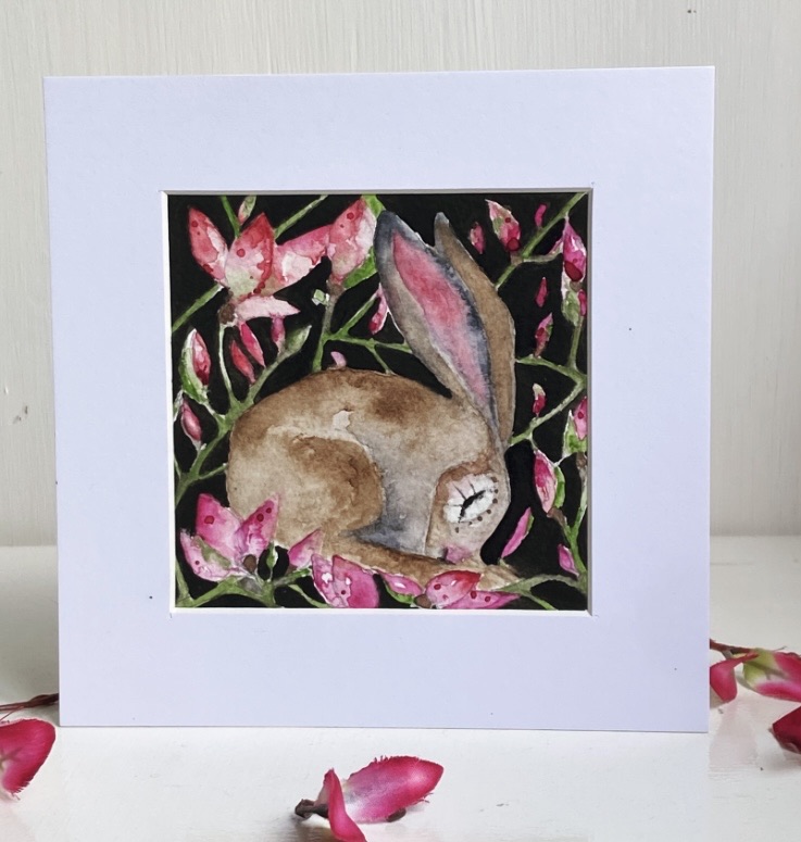 Mounted Original Resting Hare/Rabbit amongst Pink Flowers Watercolour